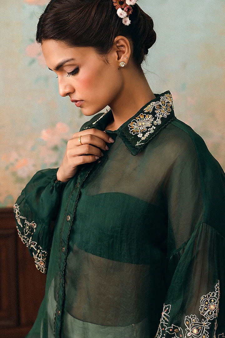 Forest Green Pure Organza Hand Embroidered Shirt by Paulmi & Harsh at Pernia's Pop Up Shop