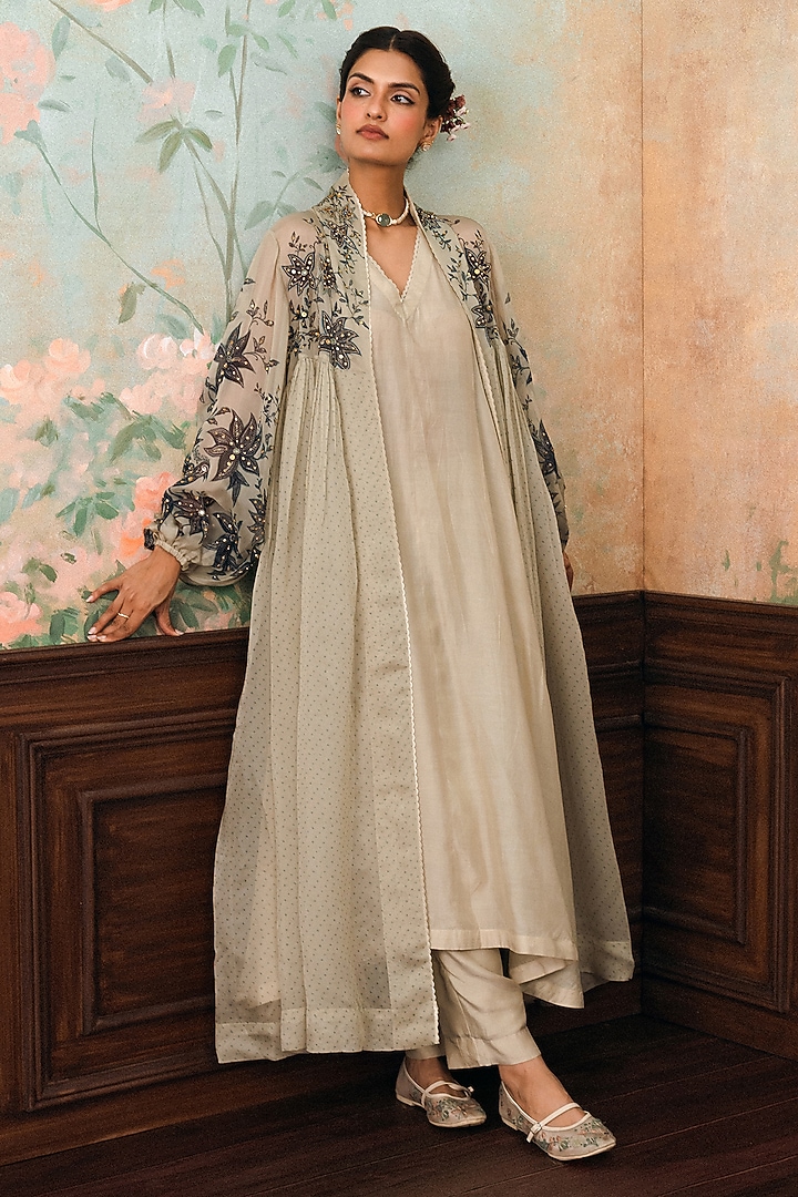 Oatmeal & Space Blue Pure Cotton Silk Wedding Anarkali Set by Paulmi & Harsh at Pernia's Pop Up Shop
