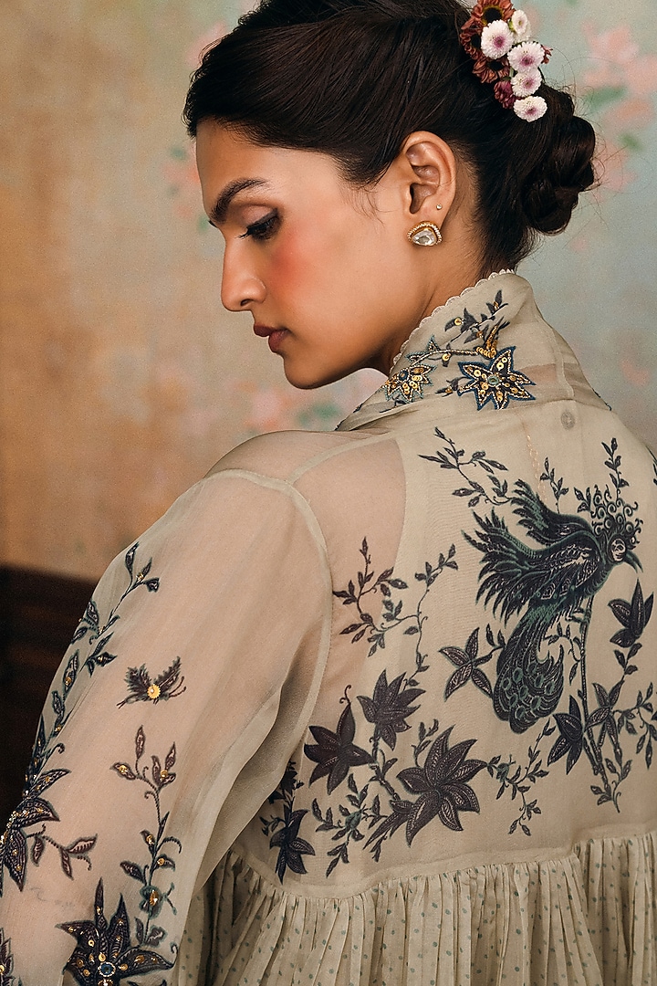 Oatmeal & Space Blue Pure Cotton Silk Wedding Anarkali Set by Paulmi & Harsh at Pernia's Pop Up Shop