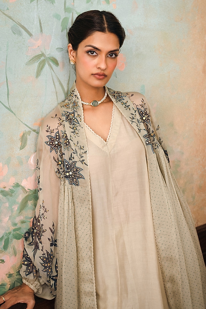 Oatmeal & Space Blue Pure Cotton Silk Wedding Anarkali Set by Paulmi & Harsh at Pernia's Pop Up Shop