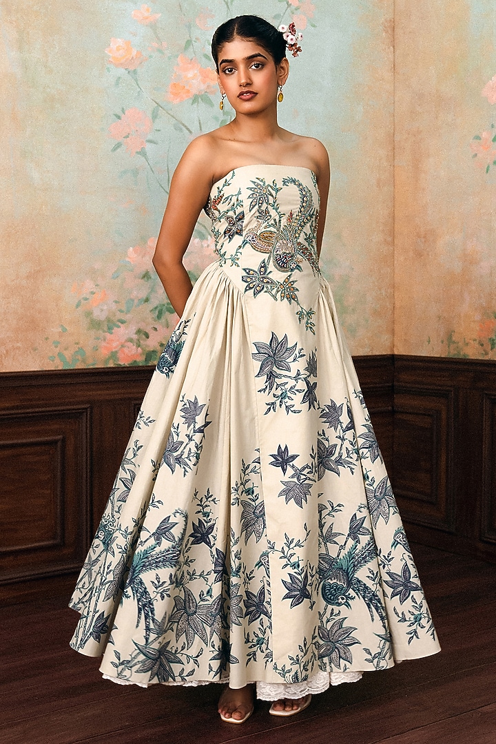 Ivory & Space Blue Poplin Hand Embroidered Maxi Vacation Dress by Paulmi & Harsh at Pernia's Pop Up Shop