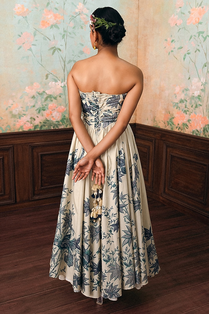 Ivory & Space Blue Poplin Hand Embroidered Maxi Vacation Dress by Paulmi & Harsh at Pernia's Pop Up Shop