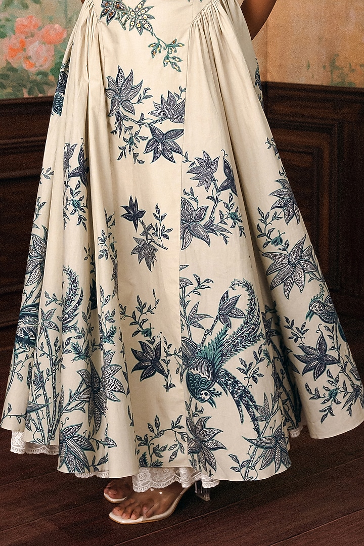 Ivory & Space Blue Poplin Hand Embroidered Maxi Vacation Dress by Paulmi & Harsh at Pernia's Pop Up Shop