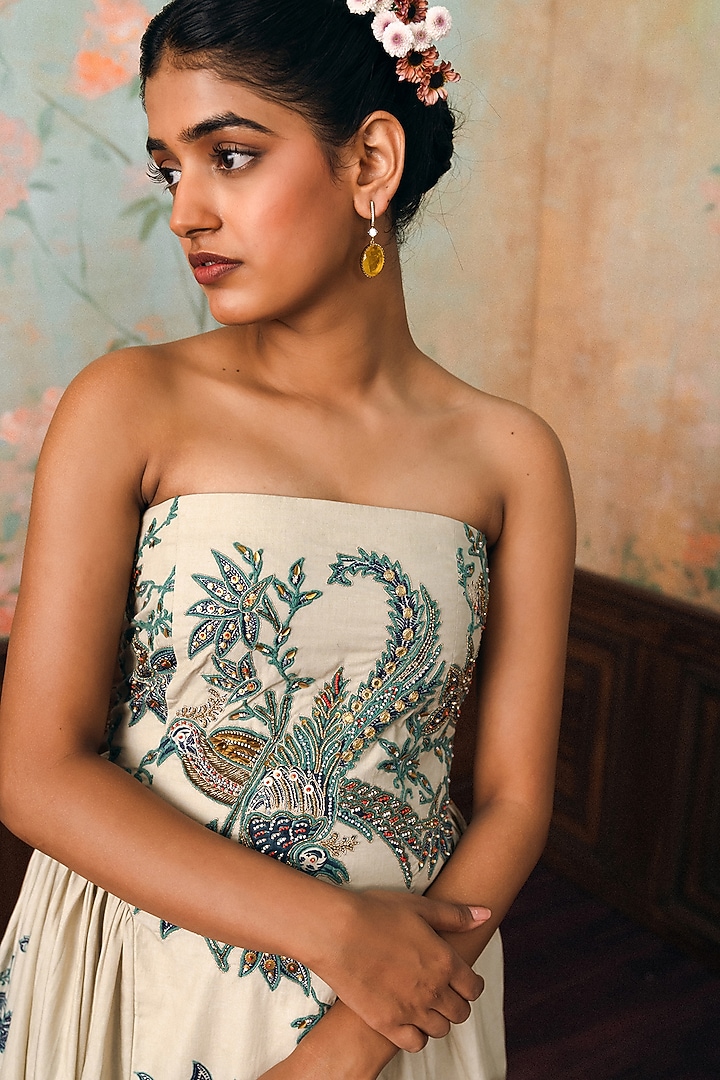 Ivory & Space Blue Poplin Hand Embroidered Maxi Vacation Dress by Paulmi & Harsh at Pernia's Pop Up Shop