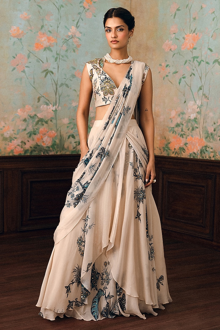 Ivory & Space Blue Chinna Chiffon Printed Wedding Saree Set by Paulmi & Harsh at Pernia's Pop Up Shop