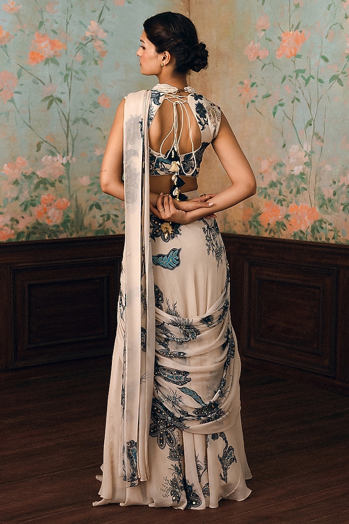 Ivory & Space Blue Chinna Chiffon Printed Wedding Saree Set by Paulmi & Harsh at Pernia's Pop Up Shop