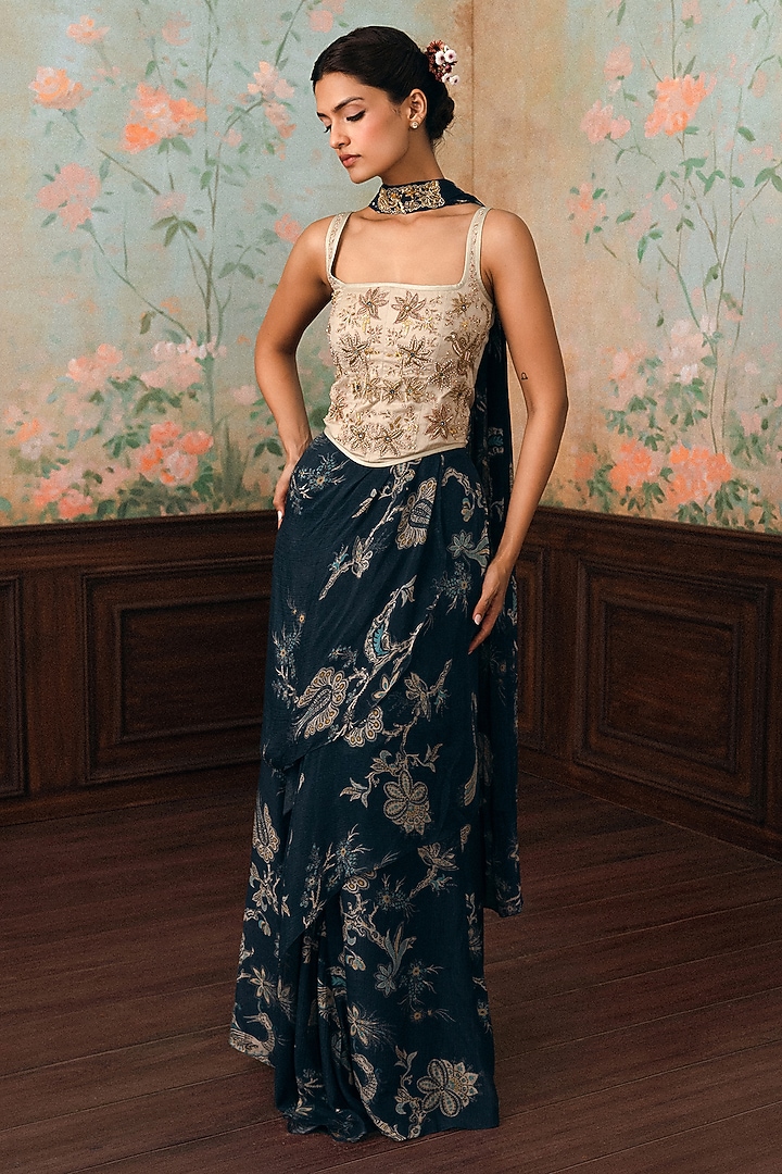 Space Blue Crushed Printed Draped Skirt Set by Paulmi & Harsh at Pernia's Pop Up Shop