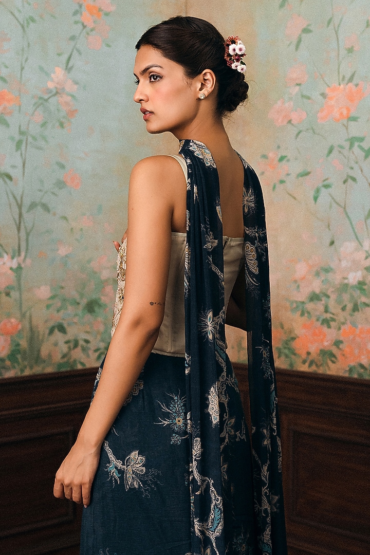 Space Blue Crushed Printed Draped Skirt Set by Paulmi & Harsh at Pernia's Pop Up Shop