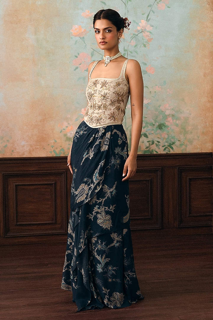 Space Blue Crushed Printed Draped Skirt Set by Paulmi & Harsh at Pernia's Pop Up Shop