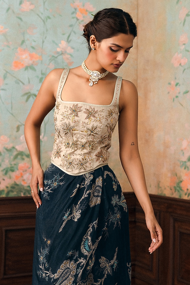 Space Blue Crushed Printed Draped Skirt Set by Paulmi & Harsh at Pernia's Pop Up Shop