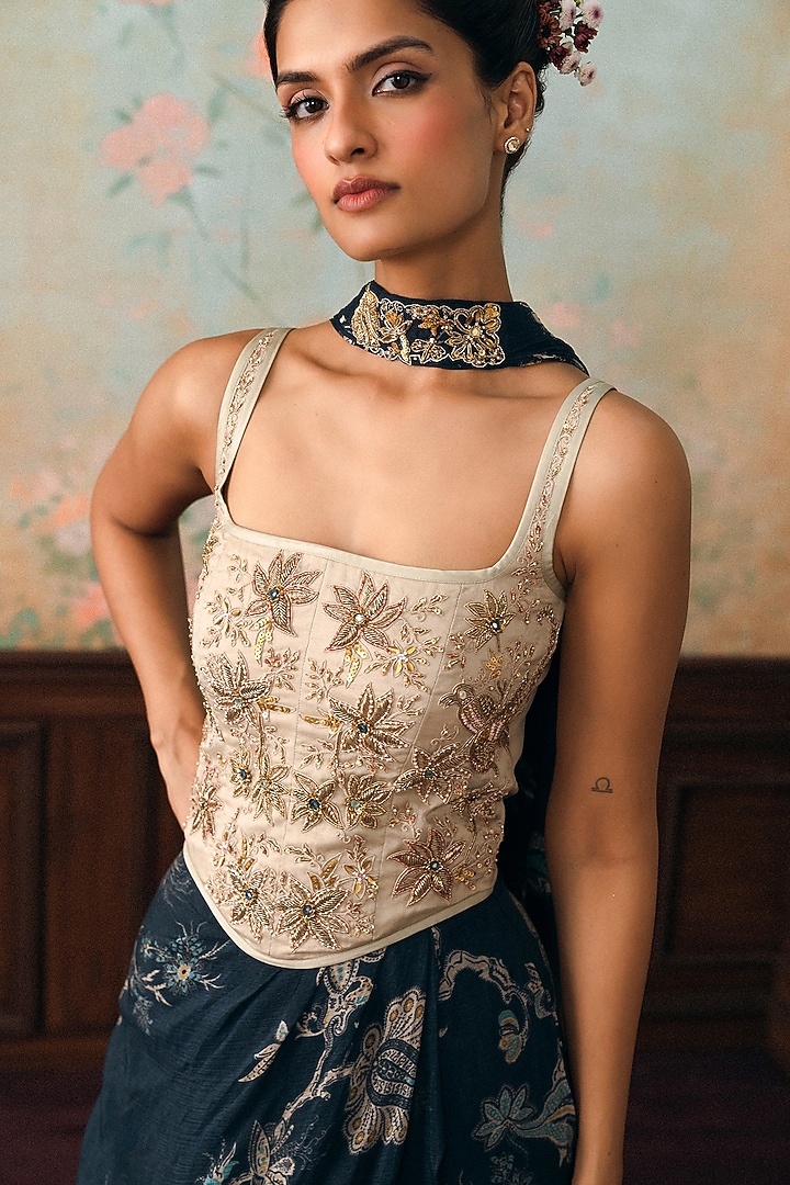 Space Blue Crushed Printed Draped Skirt Set by Paulmi & Harsh at Pernia's Pop Up Shop