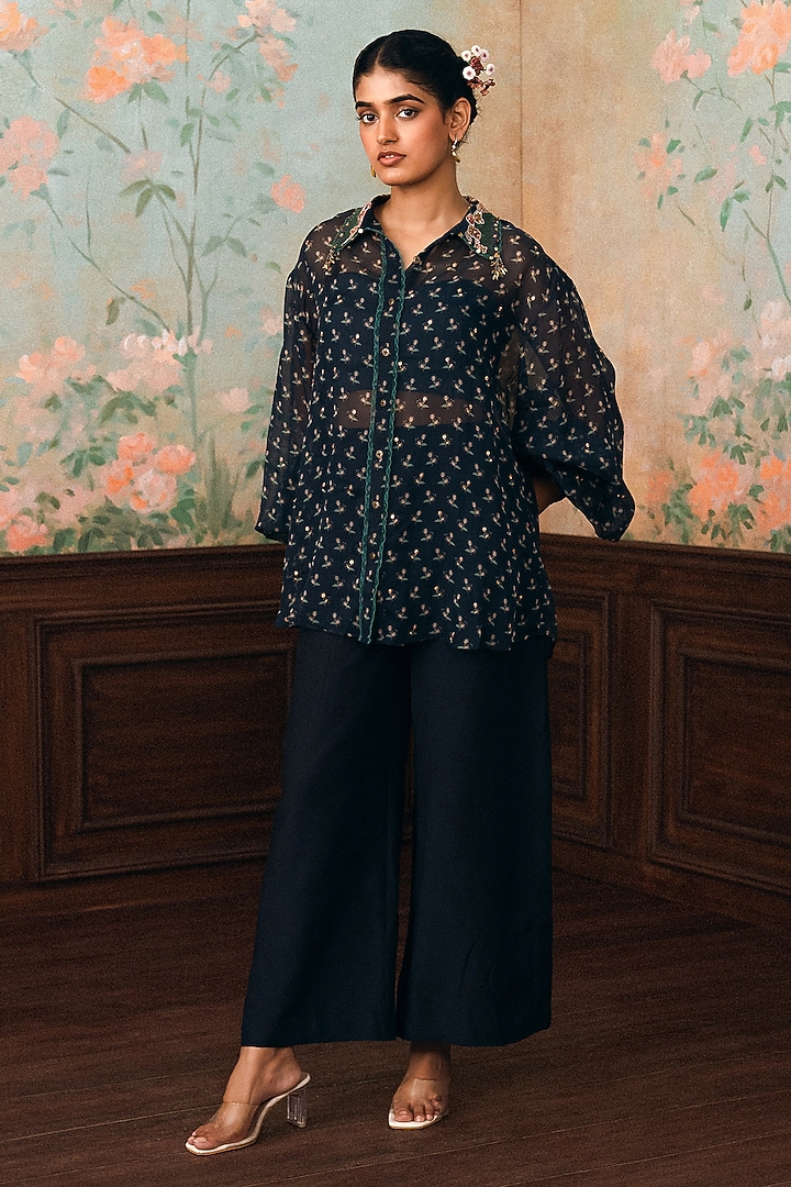 Space Blue Pure Organza Printed Shirt by Paulmi & Harsh at Pernia's Pop Up Shop