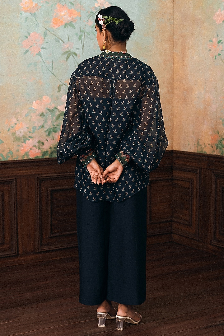 Space Blue Pure Organza Printed Shirt by Paulmi & Harsh at Pernia's Pop Up Shop