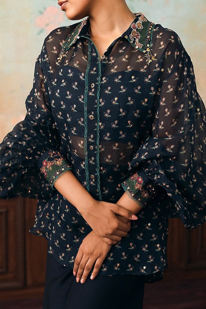 Space Blue Pure Organza Printed Shirt by Paulmi & Harsh at Pernia's Pop Up Shop
