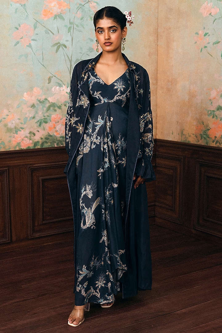 Navy Blue Gokul Chiniya Printed Maxi Vacation Dress With Jacket by Paulmi & Harsh at Pernia's Pop Up Shop