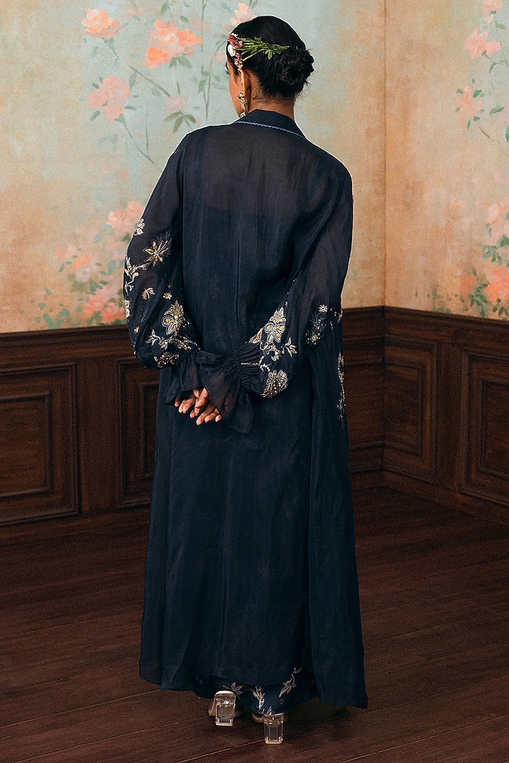 Navy Blue Gokul Chiniya Printed Maxi Vacation Dress With Jacket by Paulmi & Harsh at Pernia's Pop Up Shop