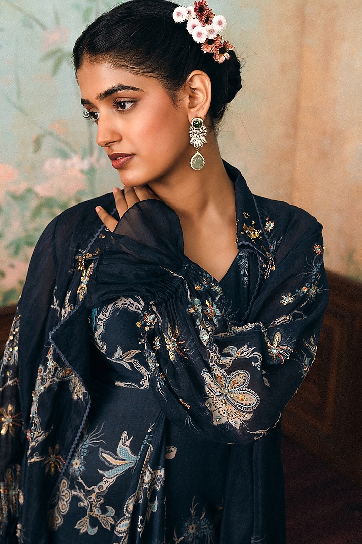 Navy Blue Gokul Chiniya Printed Maxi Vacation Dress With Jacket by Paulmi & Harsh at Pernia's Pop Up Shop