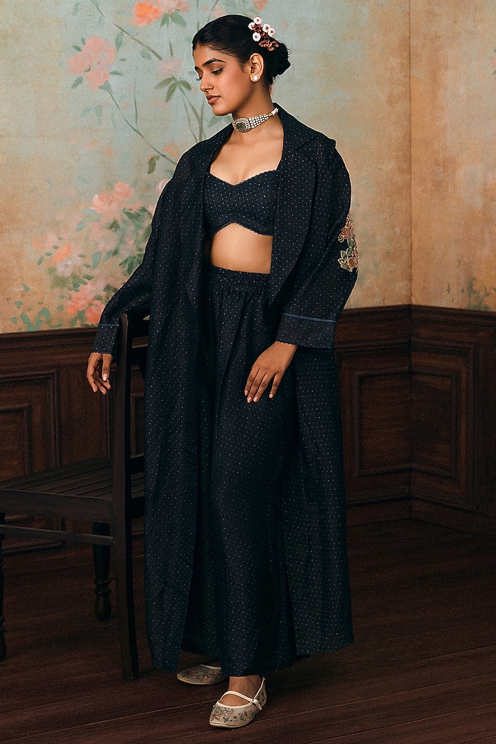 Space Blue Crushed Printed & Embroidered Jacket Set by Paulmi & Harsh at Pernia's Pop Up Shop