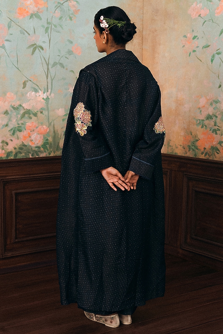 Space Blue Crushed Printed & Embroidered Jacket Set by Paulmi & Harsh at Pernia's Pop Up Shop