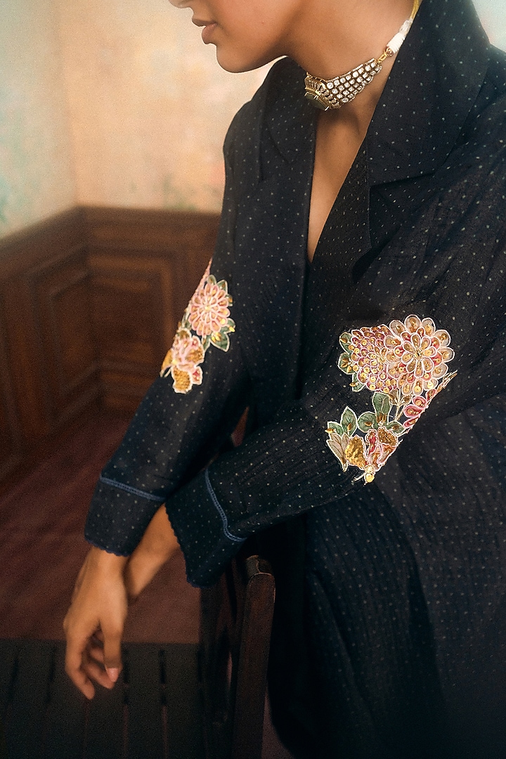 Space Blue Crushed Printed & Embroidered Jacket Set by Paulmi & Harsh at Pernia's Pop Up Shop