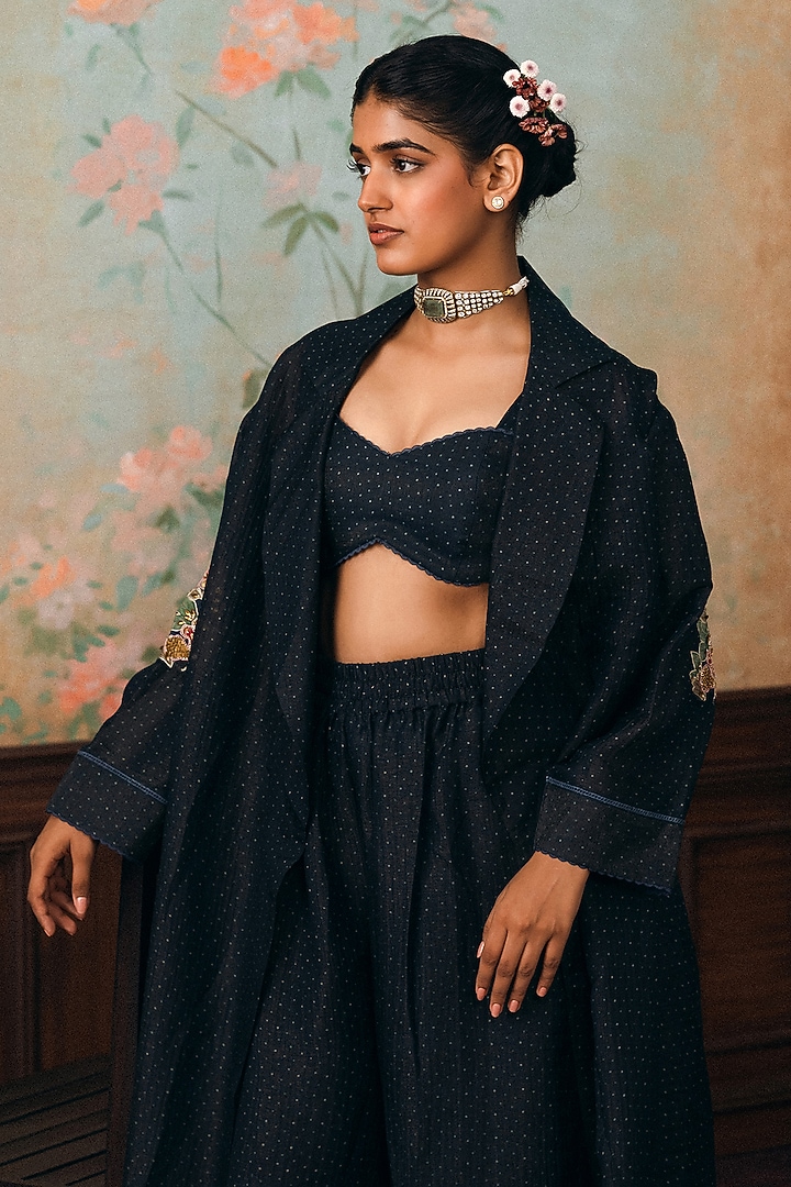Space Blue Crushed Printed & Embroidered Jacket Set by Paulmi & Harsh at Pernia's Pop Up Shop