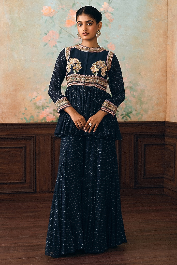 Space Blue Crushed Palazzo Set by Paulmi & Harsh at Pernia's Pop Up Shop