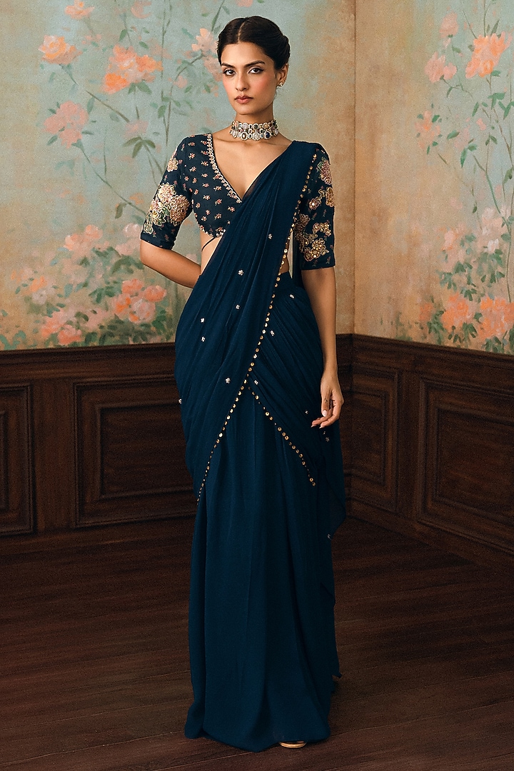 Space Blue Georgette Floral Embroidered Pre-Draped Wedding Saree Set by Paulmi & Harsh at Pernia's Pop Up Shop