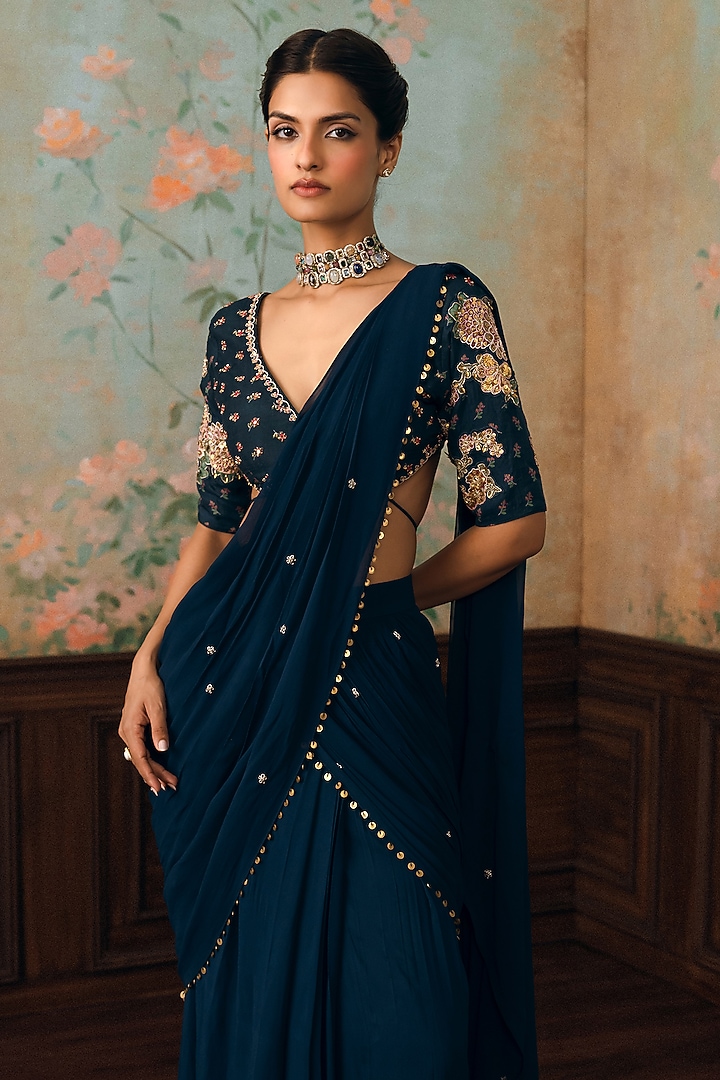 Space Blue Georgette Floral Embroidered Pre-Draped Wedding Saree Set by Paulmi & Harsh at Pernia's Pop Up Shop