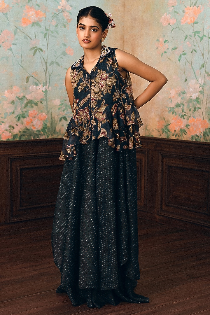 Space Blue Crushed Polka Dot Printed Kurta Set by Paulmi & Harsh at Pernia's Pop Up Shop