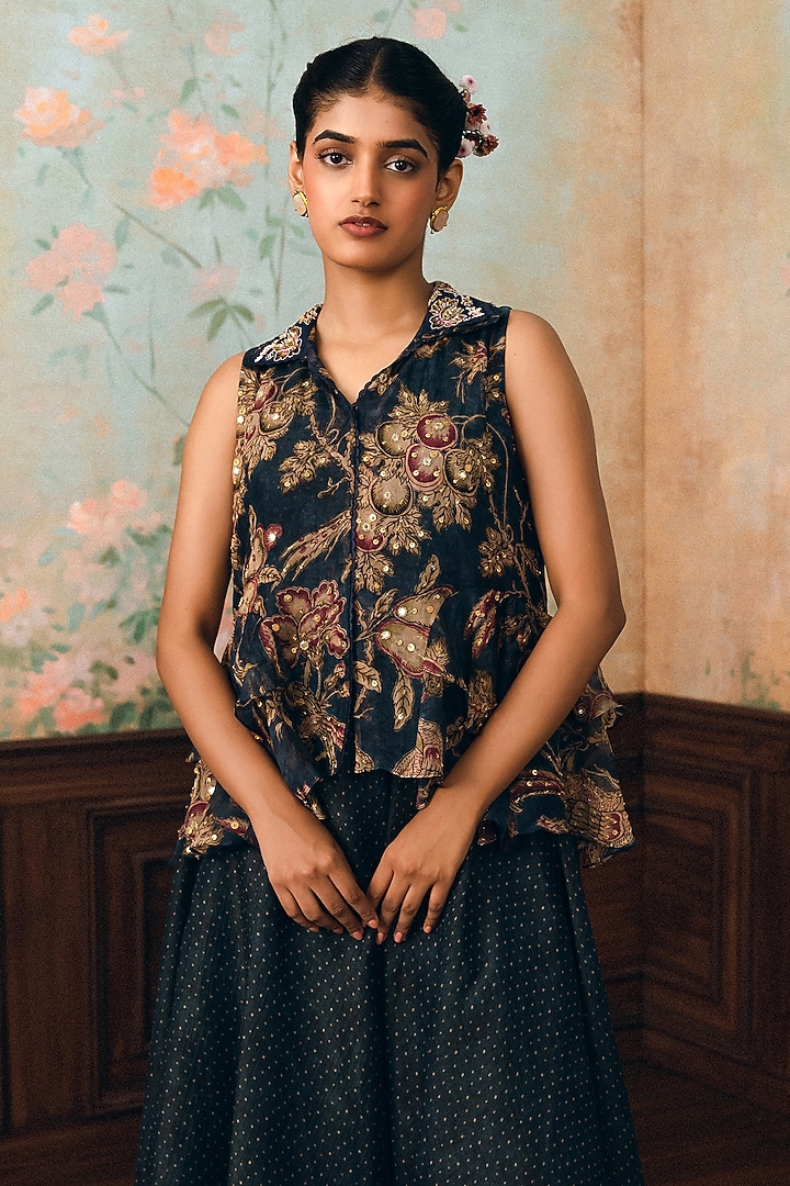 Space Blue Crushed Polka Dot Printed Kurta Set by Paulmi & Harsh at Pernia's Pop Up Shop
