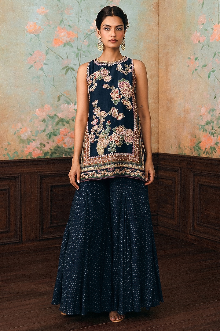 Space Blue Gokul Chiniya Hand Embroidered Kurta Set by Paulmi & Harsh at Pernia's Pop Up Shop