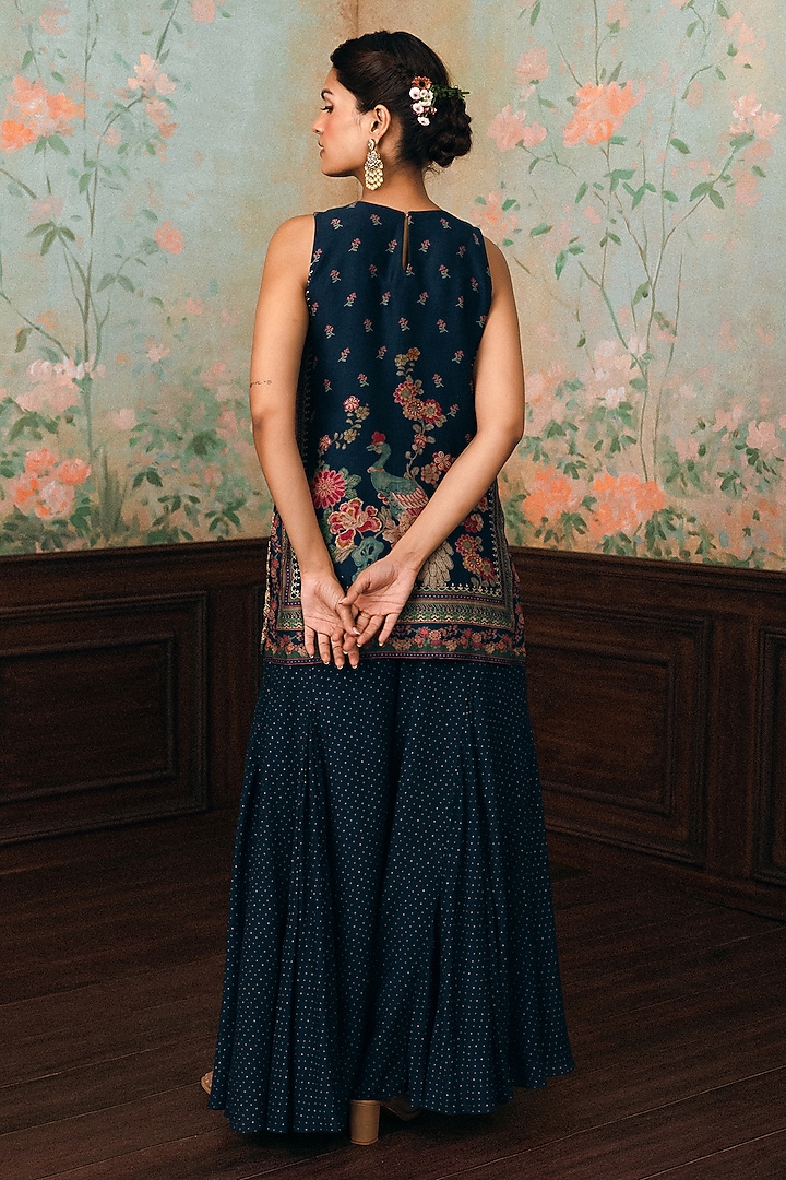 Space Blue Gokul Chiniya Hand Embroidered Kurta Set by Paulmi & Harsh at Pernia's Pop Up Shop