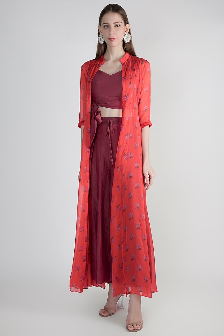 Magenta Red Crop Top With Jacket & Palazzo Pants by Paulmi & Harsh