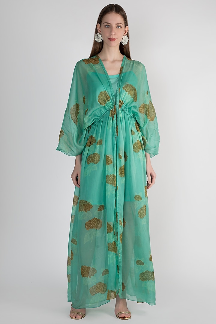 Mint Green Slip Dress With Kimono Jacket by Paulmi & Harsh