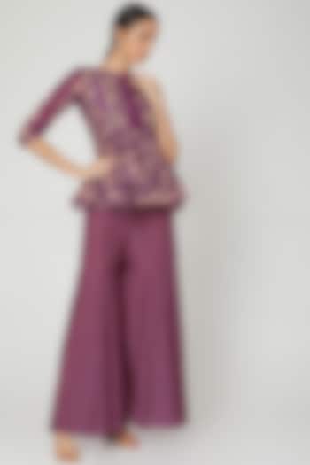 Jamuni Purple Printed Peplum Top With Pants by Paulmi & Harsh