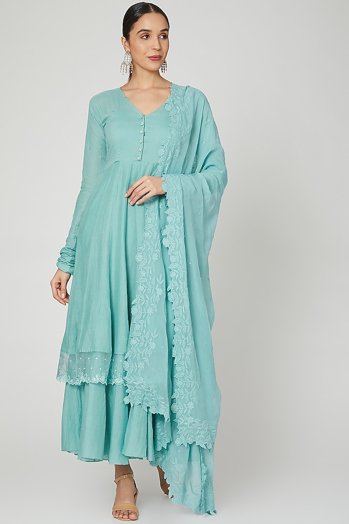 Powder Blue Embroidered Anarkali With Dupatta by Paulmi & Harsh at Pernia's Pop Up Shop