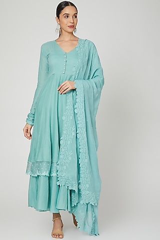 Powder Blue Embroidered Anarkali With Dupatta by Paulmi & Harsh