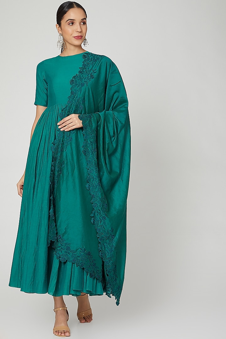 Peacock Green Embroidered Anarkali With Dupatta by Paulmi & Harsh