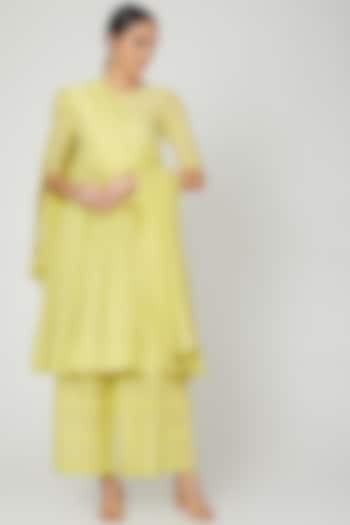 Lime Yellow Embroidered Anarkali Set by Paulmi & Harsh at Pernia's Pop Up Shop