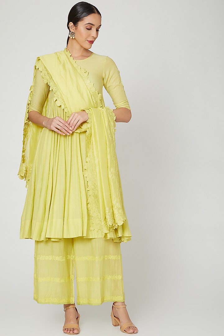 Lime Yellow Embroidered Anarkali Set by Paulmi & Harsh at Pernia's Pop Up Shop