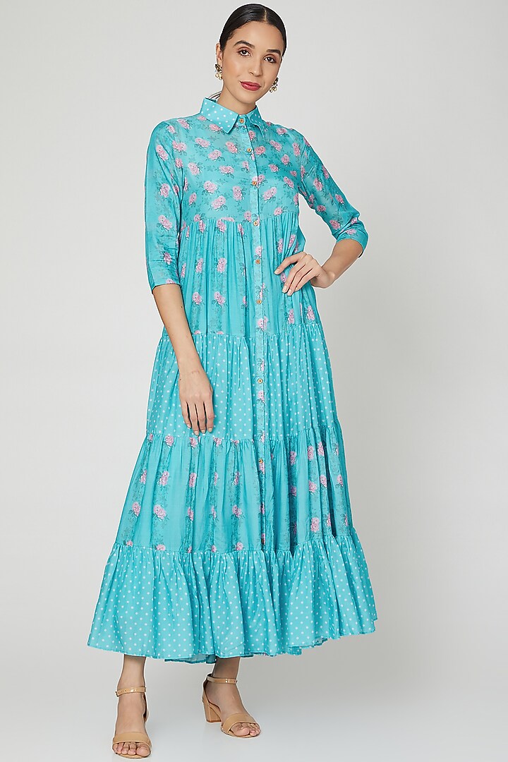 Aqua Blue Printed Summer Shirt Dress With Inner by Paulmi & Harsh at Pernia's Pop Up Shop