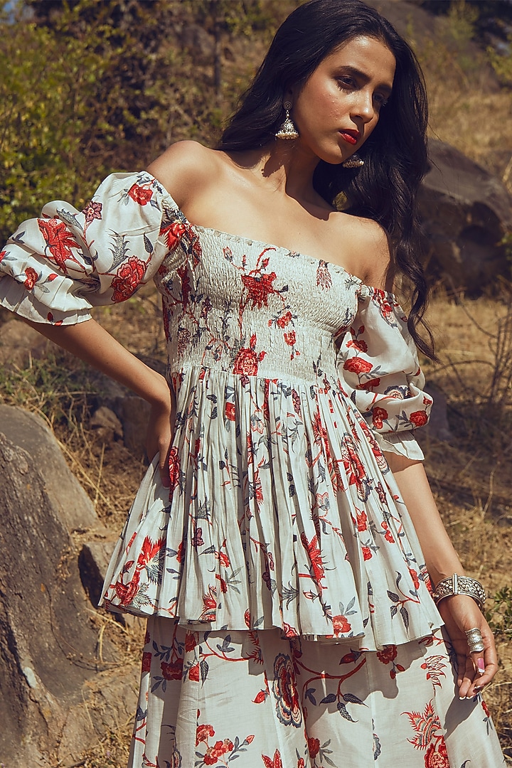 Off-White Bird Printed Palazzo Pant Set by Paulmi & Harsh at Pernia's Pop Up Shop