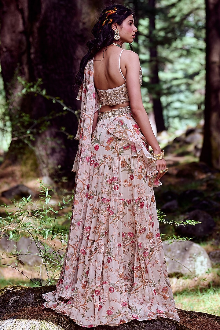 Off-White Printed Pre-Draped Wedding Saree Set by Paulmi & Harsh at Pernia's Pop Up Shop