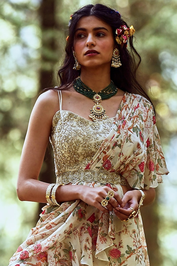 Off-White Printed Pre-Draped Wedding Saree Set by Paulmi & Harsh at Pernia's Pop Up Shop