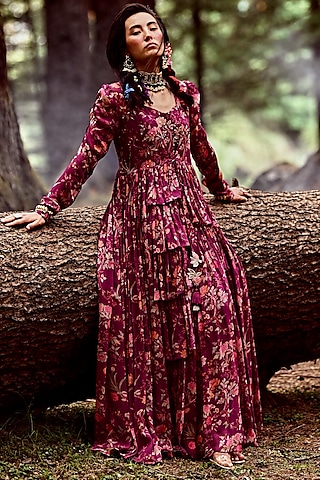 Grape Purple Printed Jacket Dress by Paulmi & Harsh