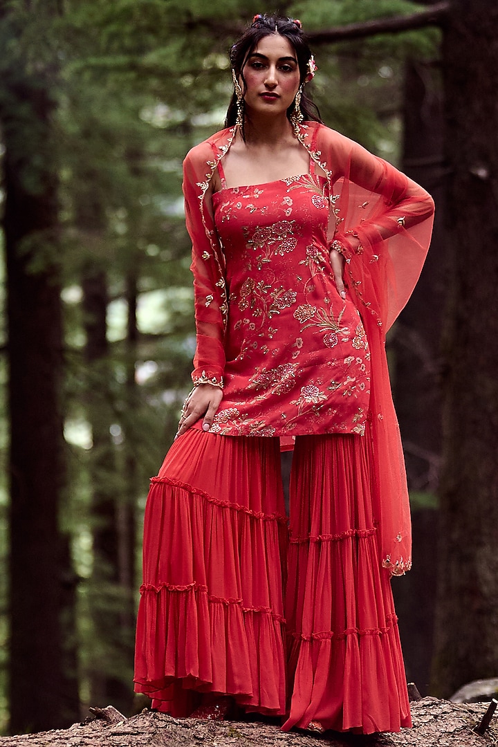 Poppy Red Georgette Sharara Set by Paulmi & Harsh