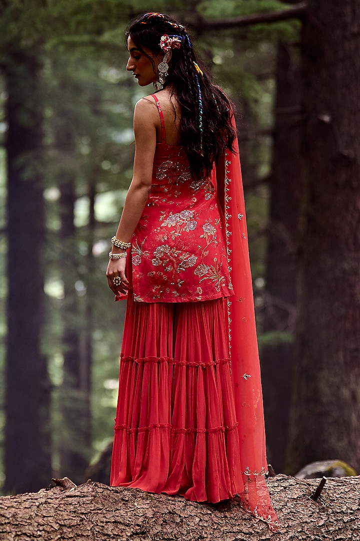 Poppy Red Georgette Wedding Sharara Set by Paulmi & Harsh at Pernia's Pop Up Shop