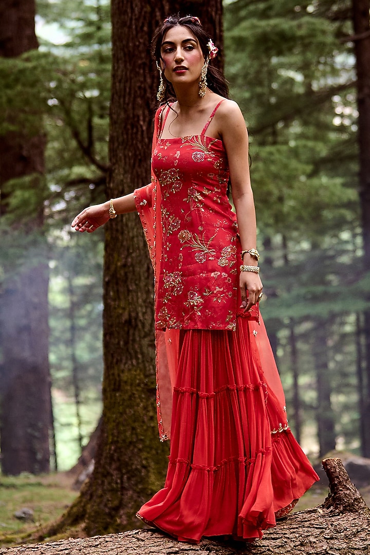 Poppy Red Georgette Wedding Sharara Set by Paulmi & Harsh at Pernia's Pop Up Shop