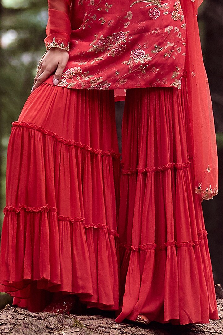 Poppy Red Georgette Wedding Sharara Set by Paulmi & Harsh at Pernia's Pop Up Shop