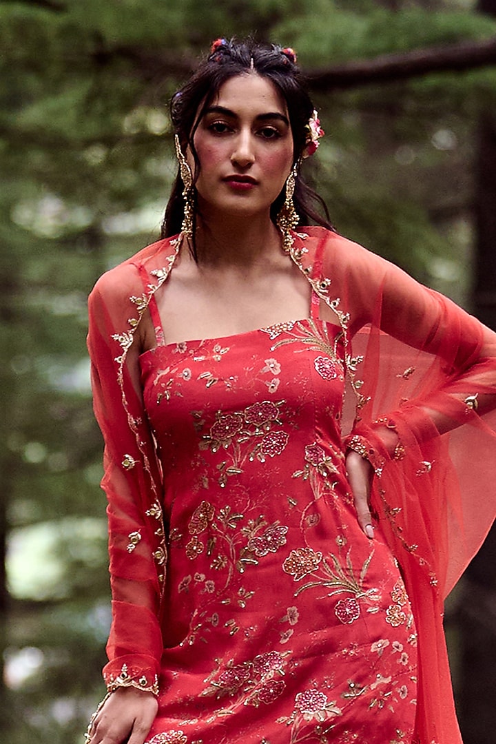 Poppy Red Georgette Wedding Sharara Set by Paulmi & Harsh at Pernia's Pop Up Shop